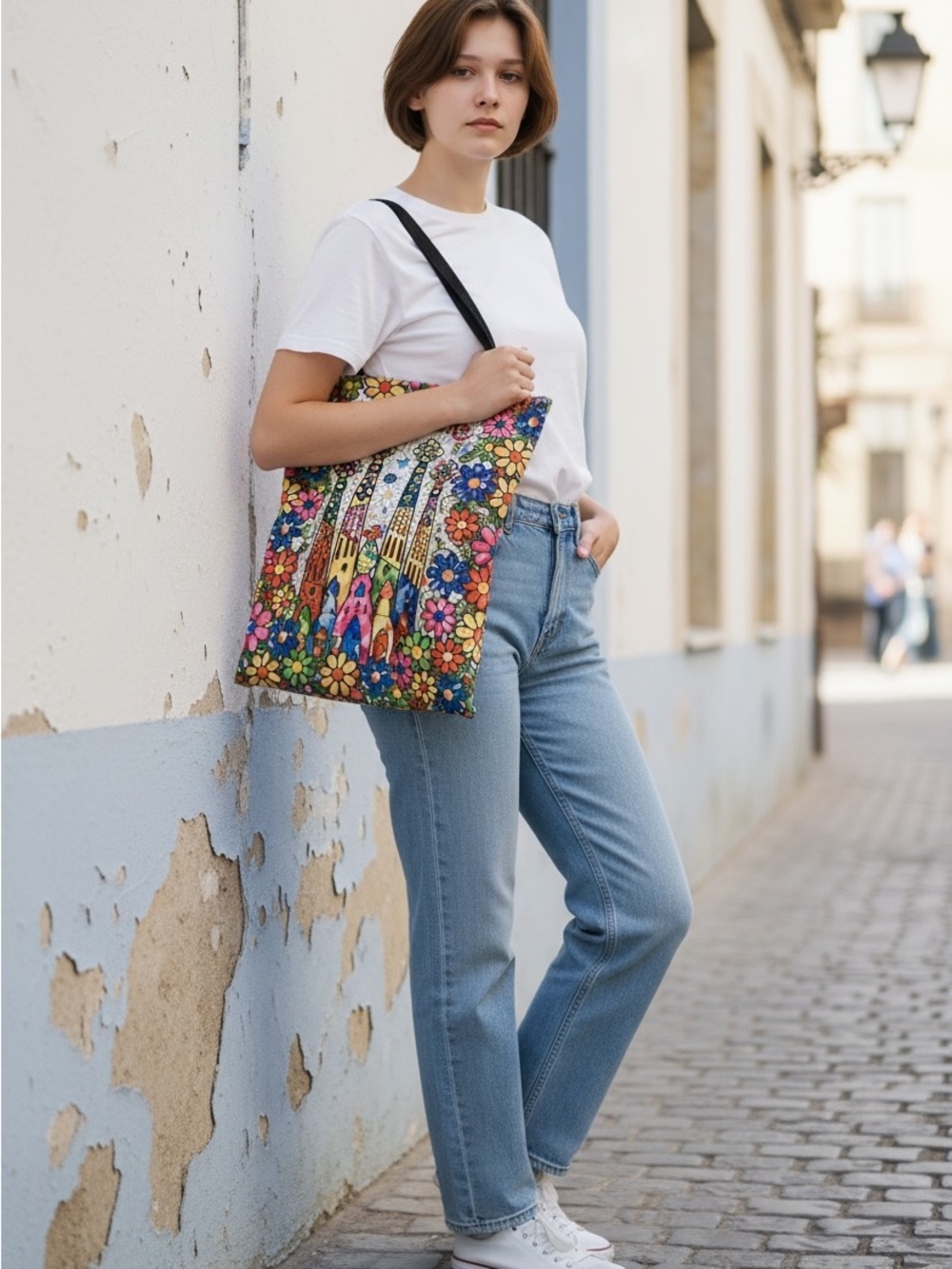 Colorful Floral Print Tote Bag with Black Strap